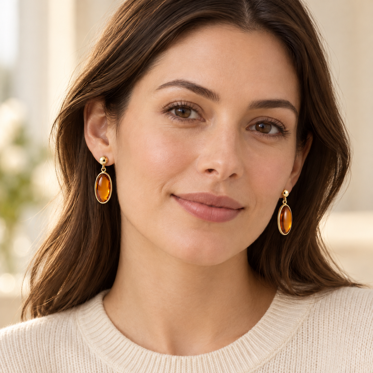 Avelissesw Gold-Tone Amber-Look Oval Dangle Stud Earrings