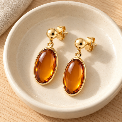 Avelissesw Gold-Tone Amber-Look Oval Dangle Stud Earrings