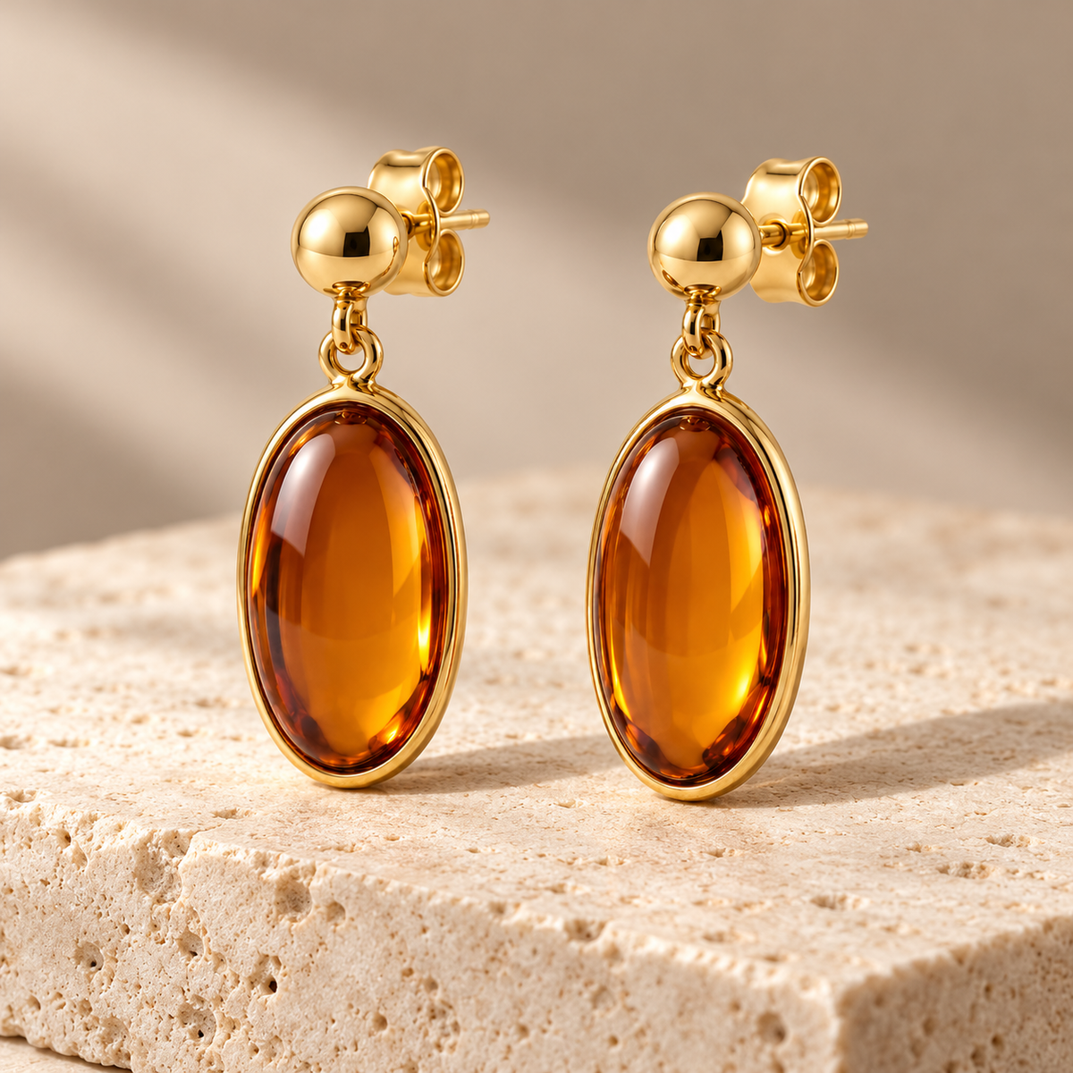 Avelissesw Gold-Tone Amber-Look Oval Dangle Stud Earrings